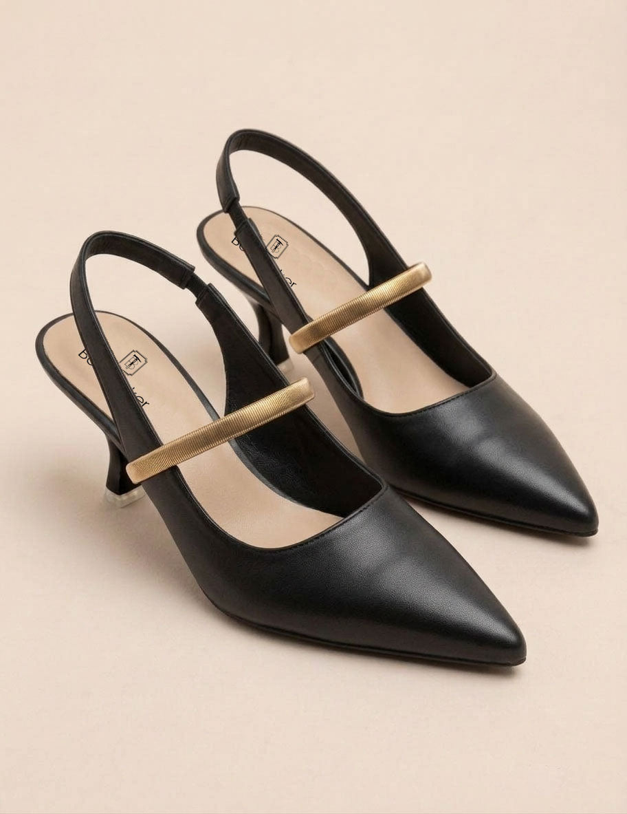 Metallic Band Pointed Toe Slingback Kitten Heels
