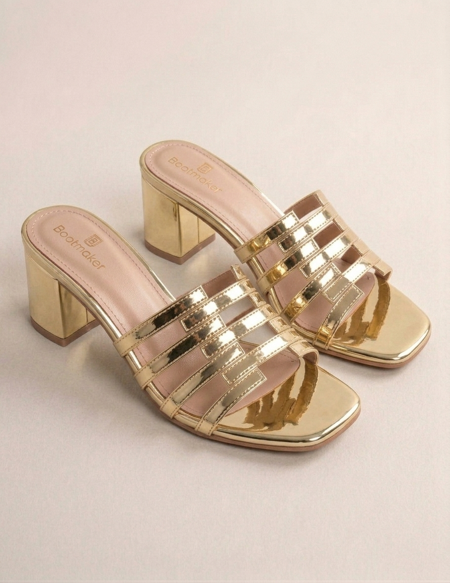Metallic Cut-Out Caged Block Heel