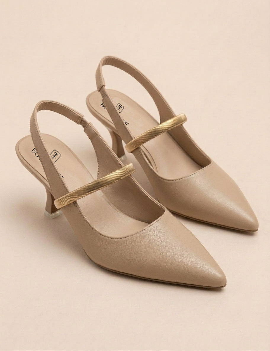 Metallic Band Pointed Toe Slingback Kitten Heels